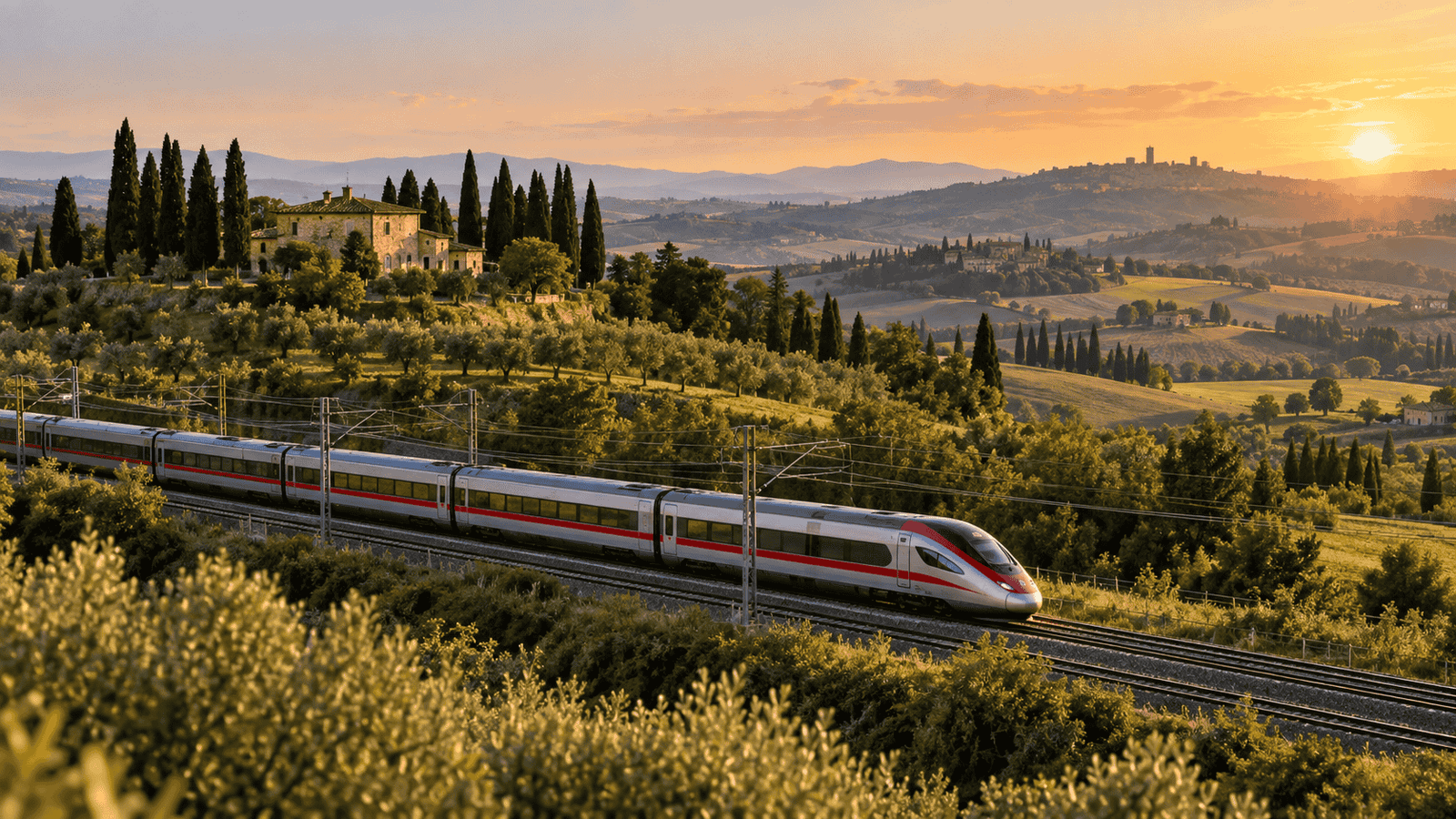 High-speed train traveling through the Tuscan countryside at golden hour, representing a 10-day Italy itinerary with rail travel between major cities.