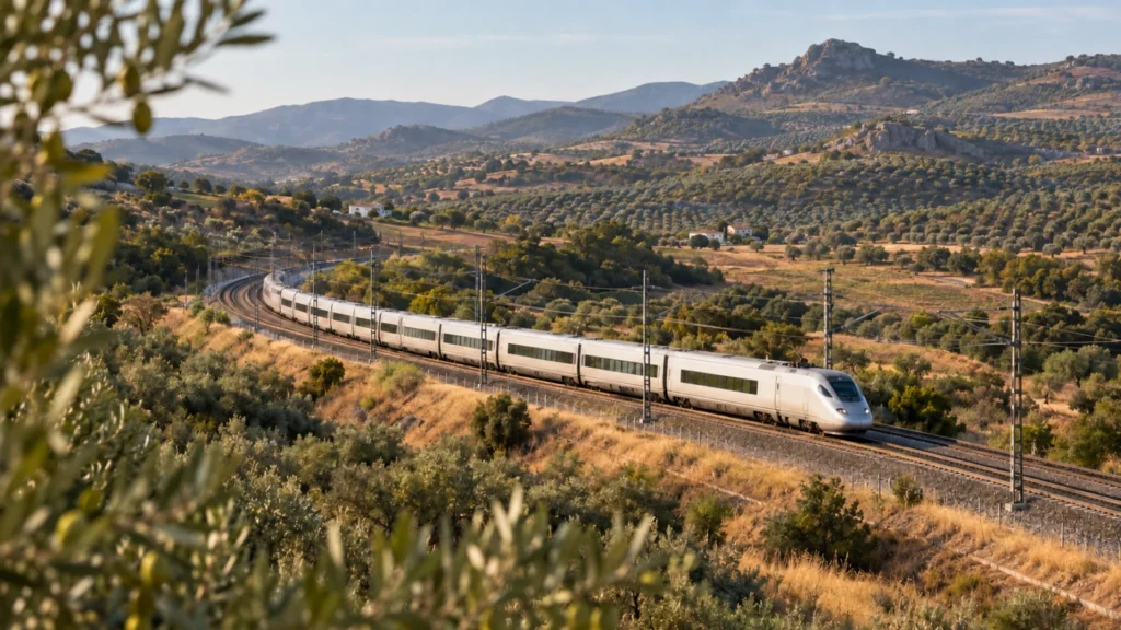 High-speed train traveling through olive-covered Spanish countryside on a 10-day Spain itinerary by rail.