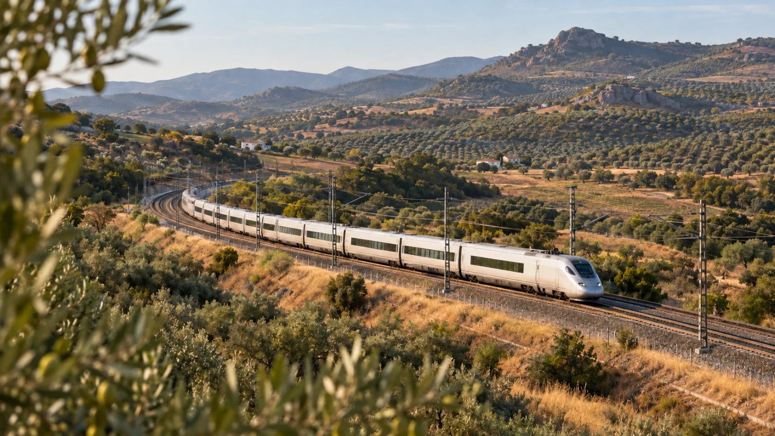 High-speed train traveling through olive-covered Spanish countryside on a 10-day Spain itinerary by rail.