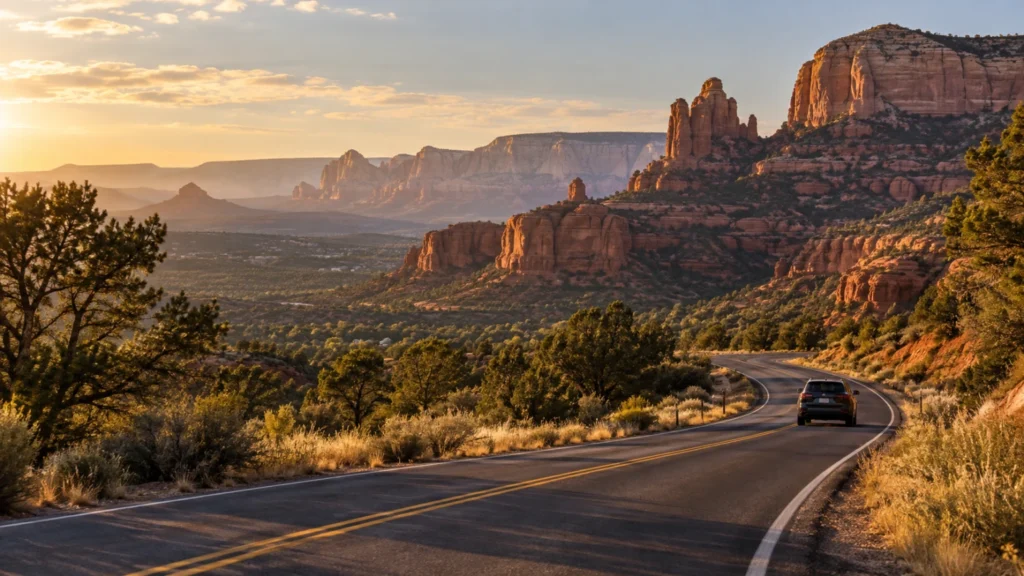 Car following a winding road through Sedona red-rock country at golden hour.