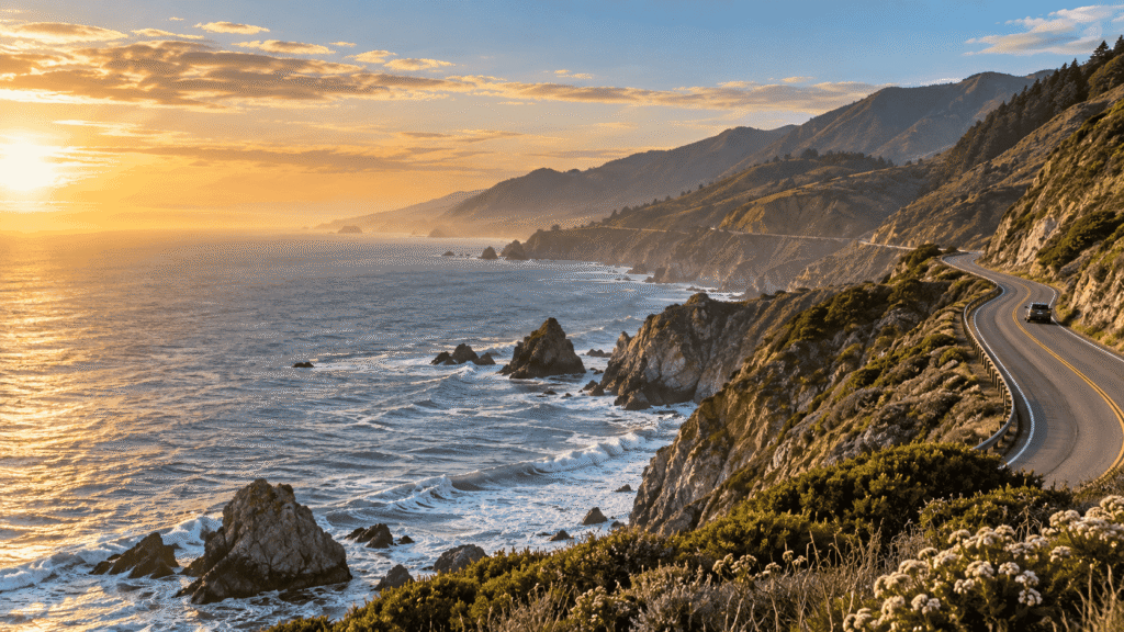 Big Sur coastal highway beside the Pacific Ocean at sunset on a 7-day California itinerary road trip.