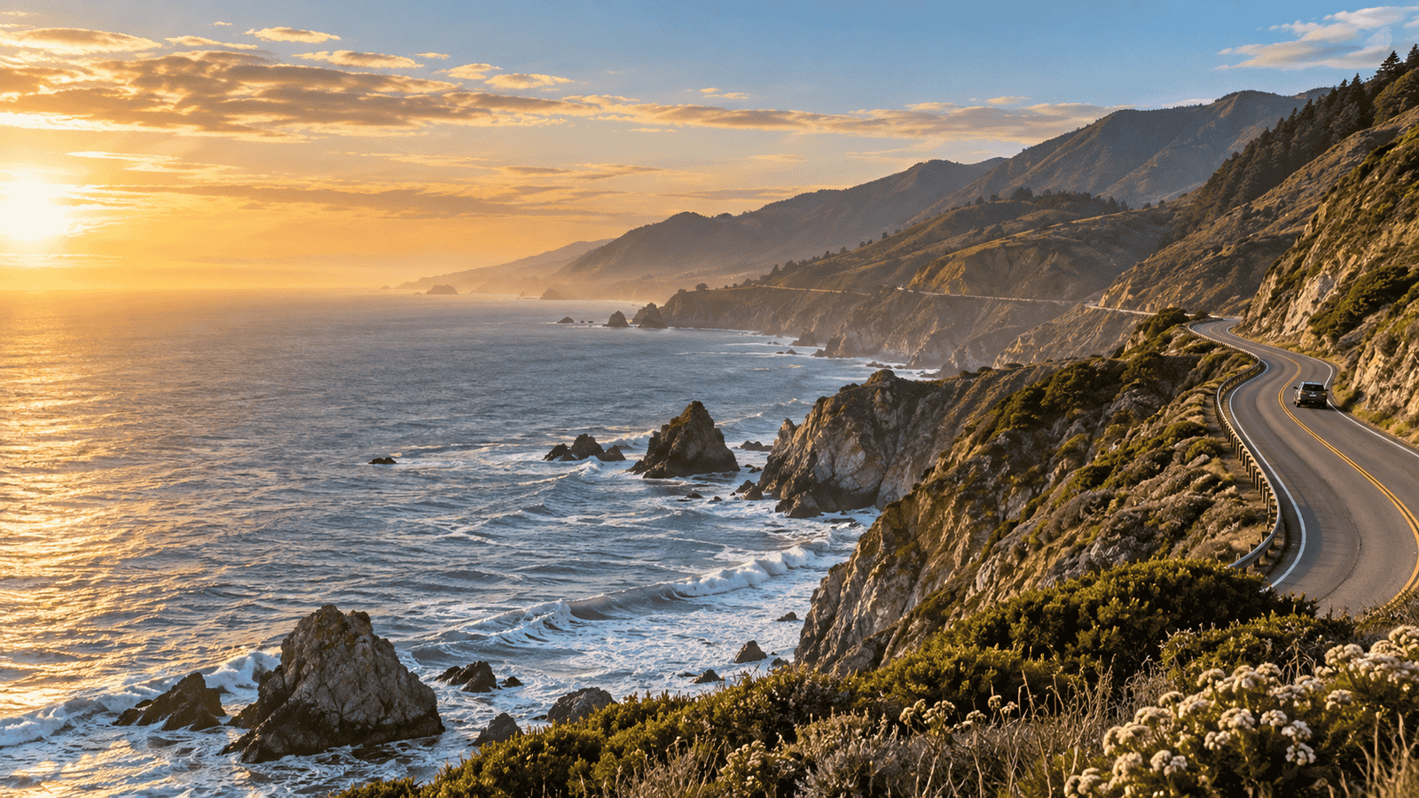 Big Sur coastal highway beside the Pacific Ocean at sunset on a 7-day California itinerary road trip.