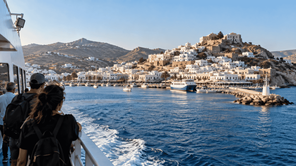 Ferry approaching a whitewashed Greek island harbor in the Aegean Sea on a 7-day Greece itinerary.