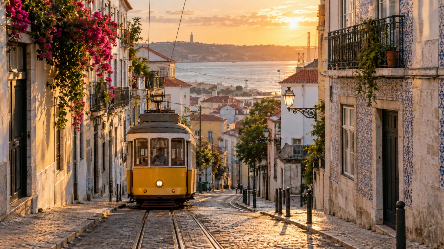 Yellow tram descending a tiled Lisbon street toward the Tagus River at golden hour.