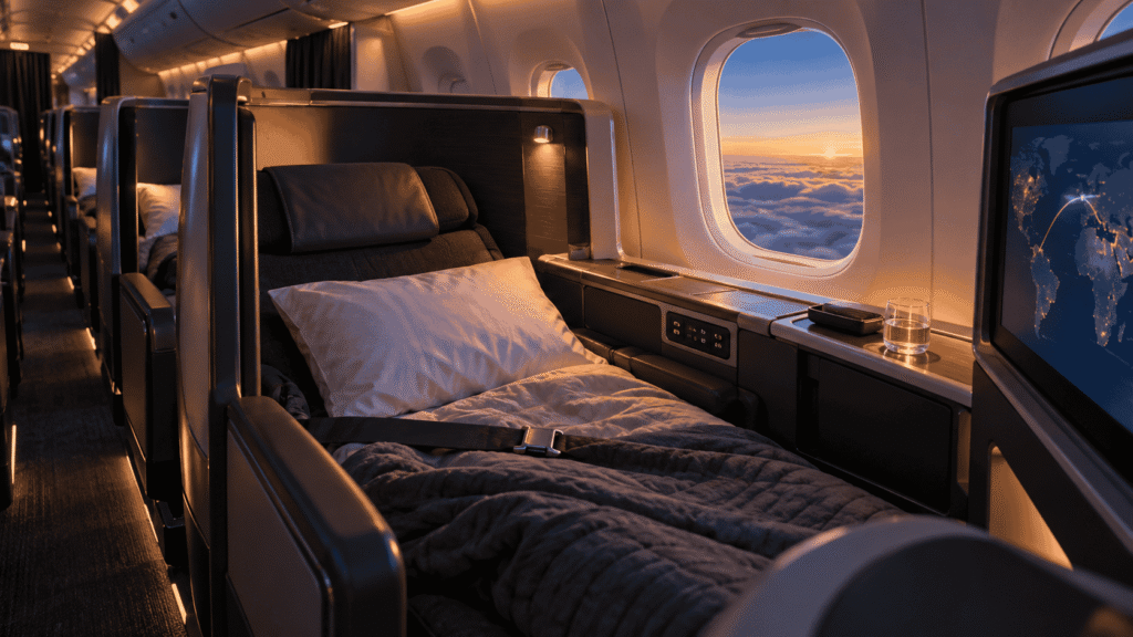 Long-haul business class cabin at night with a lie-flat seat and an aircraft window suggesting an international route.