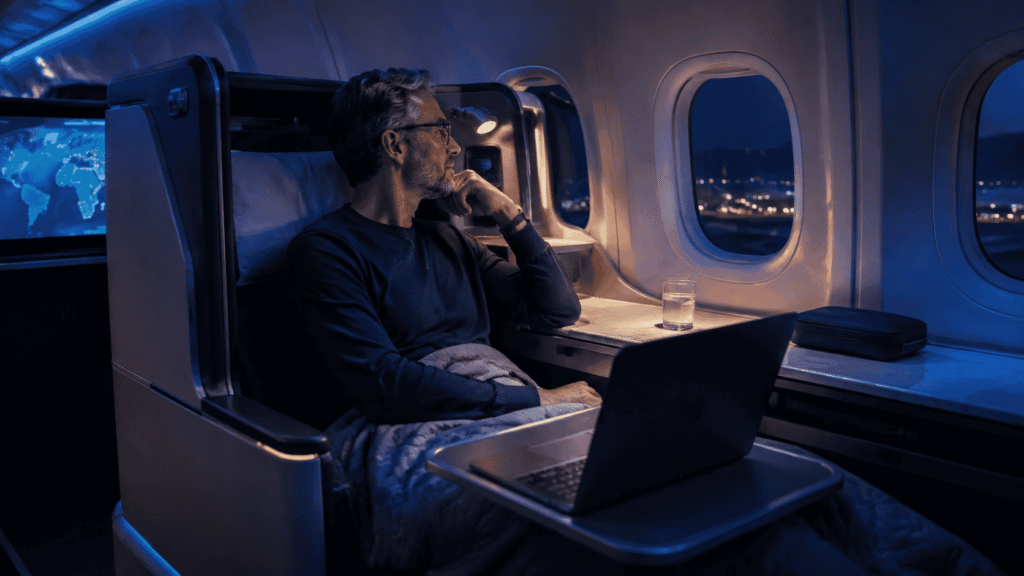 Traveler in a lie-flat business class seat reviewing flight options on a laptop in a blue-lit aircraft cabin