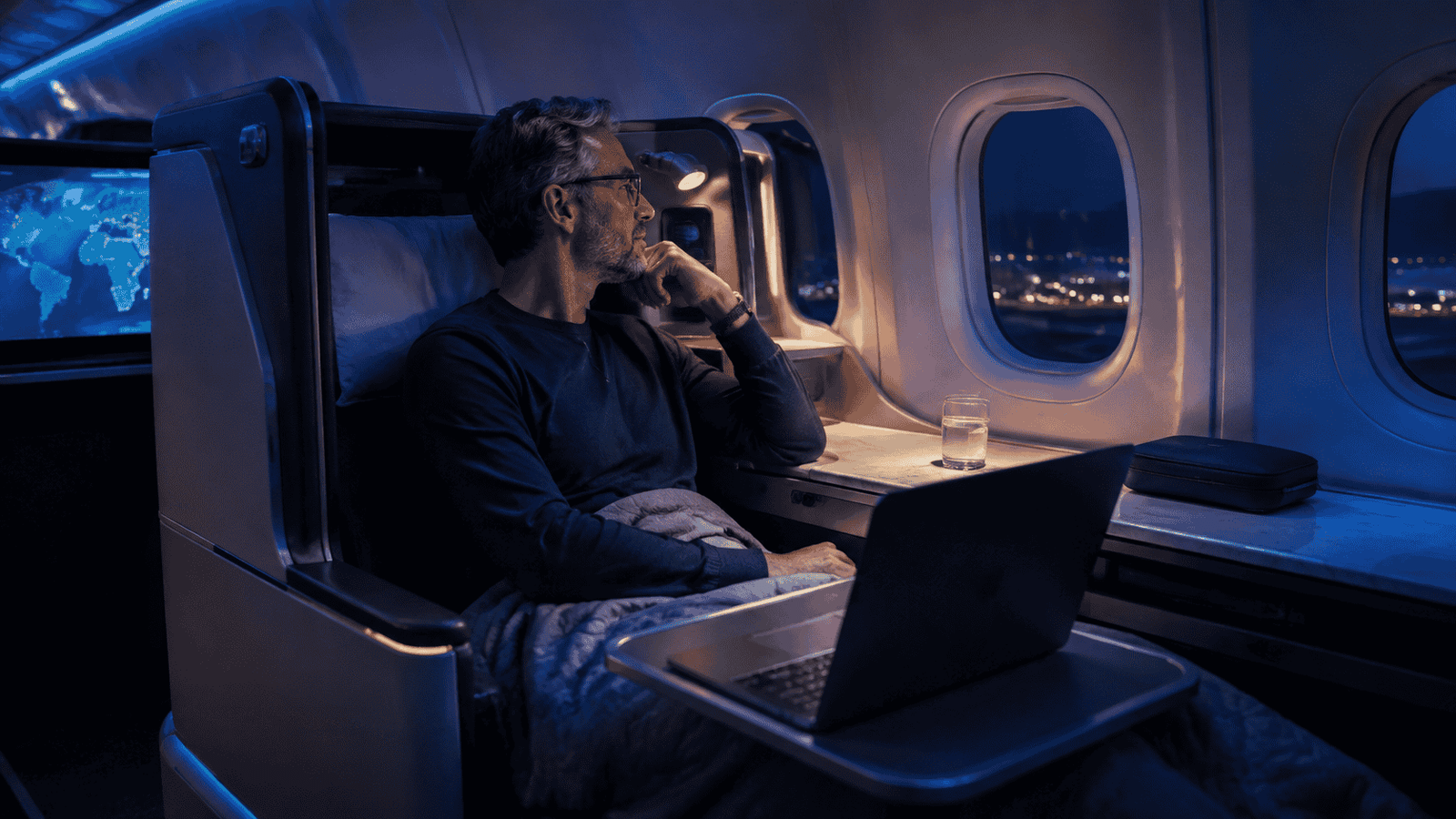 Traveler in a lie-flat business class seat reviewing flight options on a laptop in a blue-lit aircraft cabin