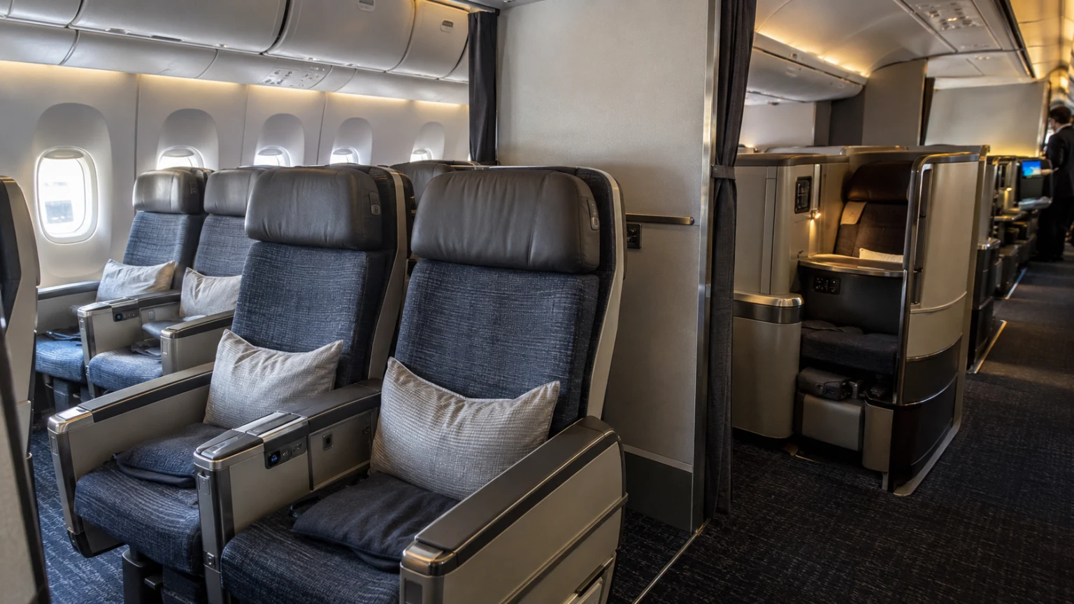 Premium economy recliners beside a business class cabin on a modern long-haul aircraft.