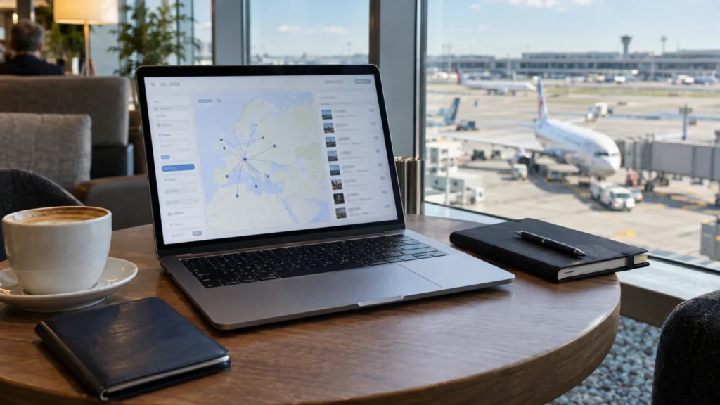 Laptop showing a generic flight-route research map on an airport lounge table.