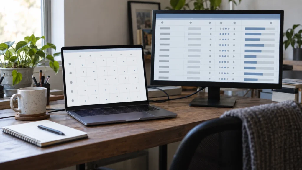 Laptop and monitor displaying two abstract award-flight search layouts side by side in a home office.