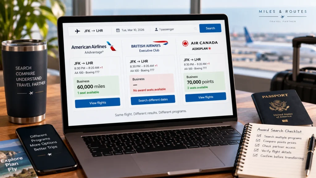 Traveler comparing the same award flight across different airline loyalty programs on a laptop