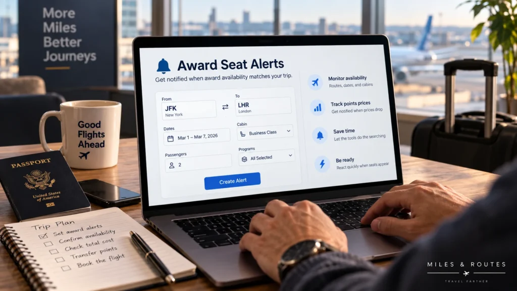 Traveler setting award seat alerts for flight availability, dates, cabins, and points prices on a laptop