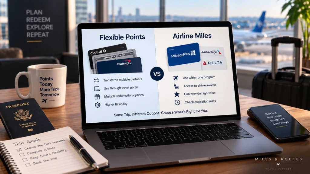Traveler comparing flexible bank points with airline miles before choosing which rewards balance to use