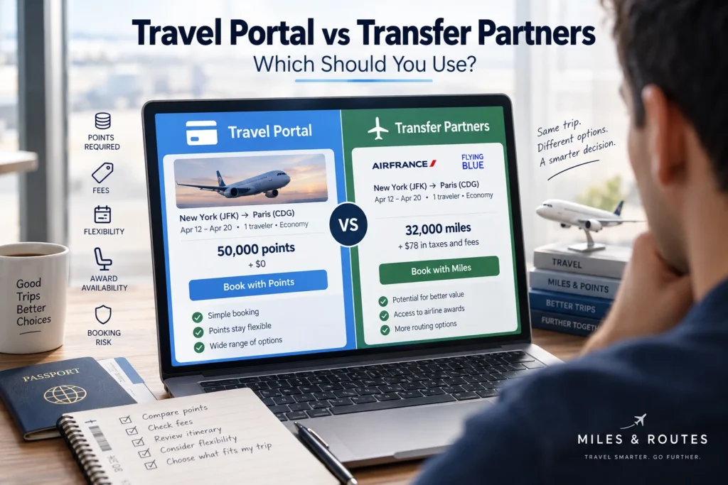 Traveler comparing a bank travel portal with airline transfer partner options for the same flight booking
